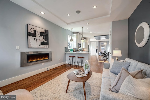 living room with wood-type flooring and a raised ceiling