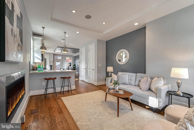 living room featuring dark hardwood / wood-style flooring and a tray ceiling