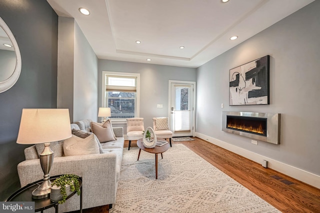 living room featuring a raised ceiling and hardwood / wood-style floors