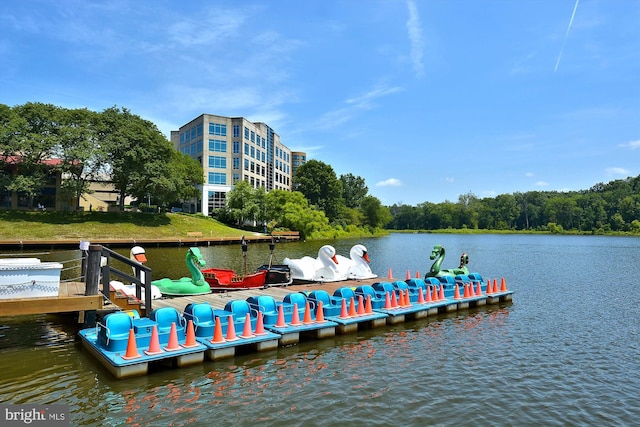 view of dock with a water view