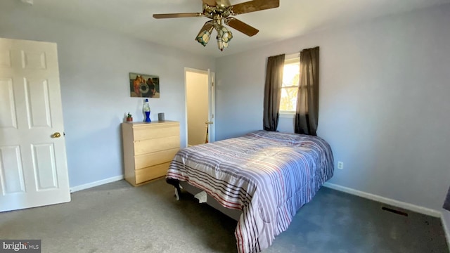 bedroom with ceiling fan and dark carpet