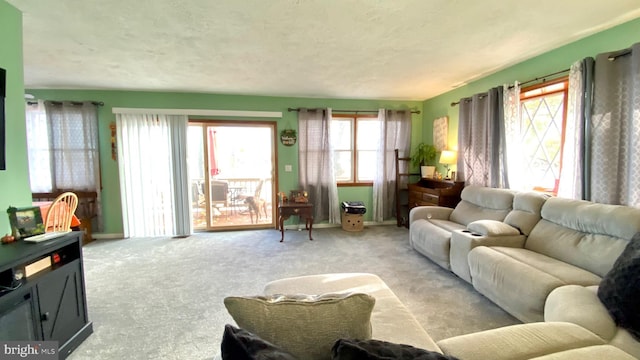 living room featuring light colored carpet and a textured ceiling