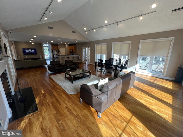 living room with track lighting, vaulted ceiling, light hardwood / wood-style flooring, and a textured ceiling