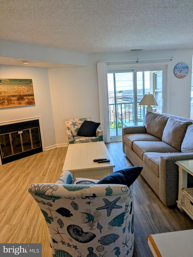 living room featuring hardwood / wood-style floors and a textured ceiling