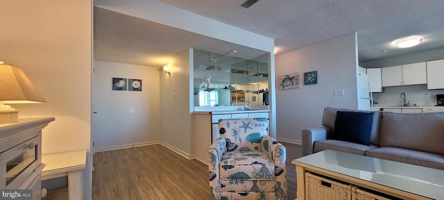 living room featuring sink, hardwood / wood-style floors, and a textured ceiling