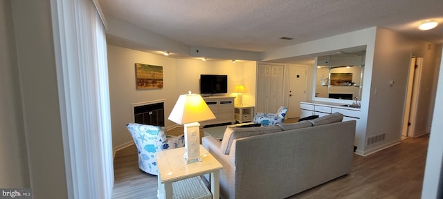 living room with sink, hardwood / wood-style floors, and a textured ceiling