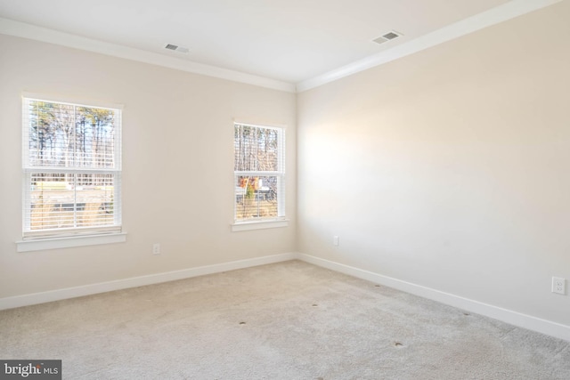 carpeted spare room featuring crown molding