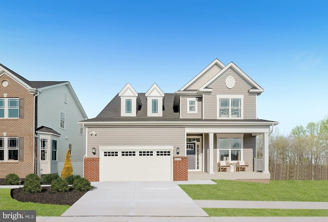 view of front of property featuring a garage, a front yard, and a porch