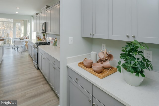 kitchen with appliances with stainless steel finishes, light hardwood / wood-style flooring, and gray cabinetry