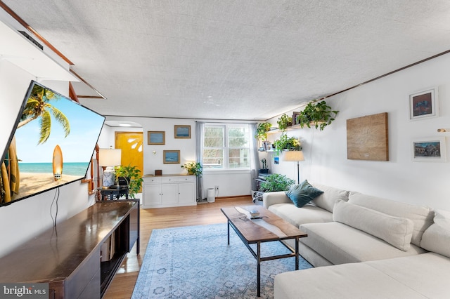 living room featuring a water view, light hardwood / wood-style floors, and a textured ceiling