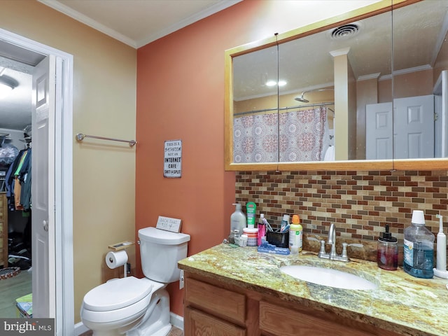 bathroom featuring backsplash, vanity, ornamental molding, toilet, and a shower with shower curtain