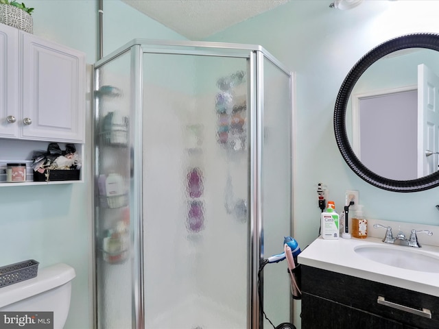 bathroom with vanity, toilet, and an enclosed shower