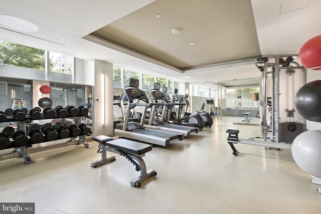 exercise room with a tray ceiling and plenty of natural light