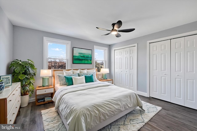 bedroom with multiple closets, ceiling fan, and dark hardwood / wood-style floors