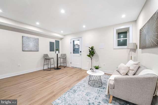 sitting room featuring light hardwood / wood-style flooring and electric panel