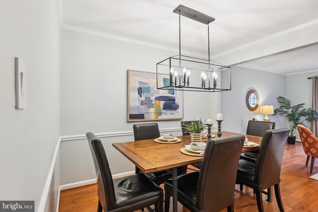 dining area with crown molding and hardwood / wood-style floors