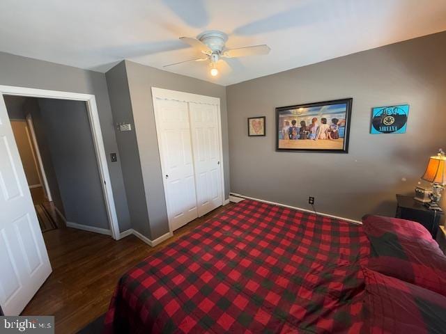 bedroom featuring dark wood-type flooring, a closet, and ceiling fan