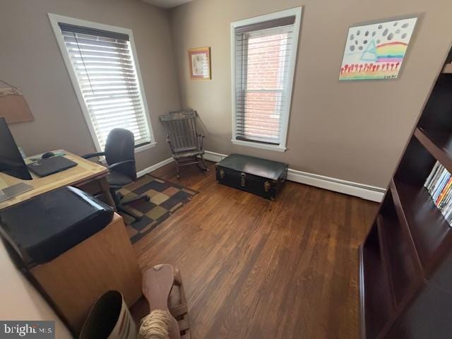 office featuring a baseboard heating unit and dark wood-type flooring