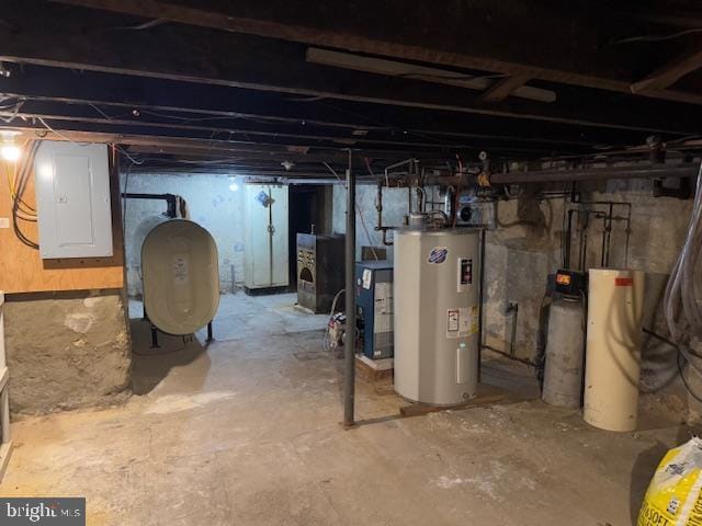 basement featuring washer / dryer, electric panel, and electric water heater