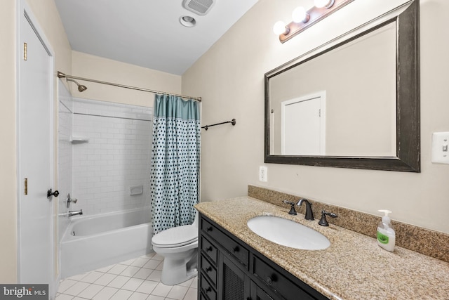 full bathroom with shower / bathtub combination with curtain, vanity, tile patterned flooring, and toilet