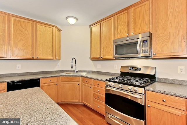 kitchen featuring stainless steel appliances, sink, and light hardwood / wood-style floors