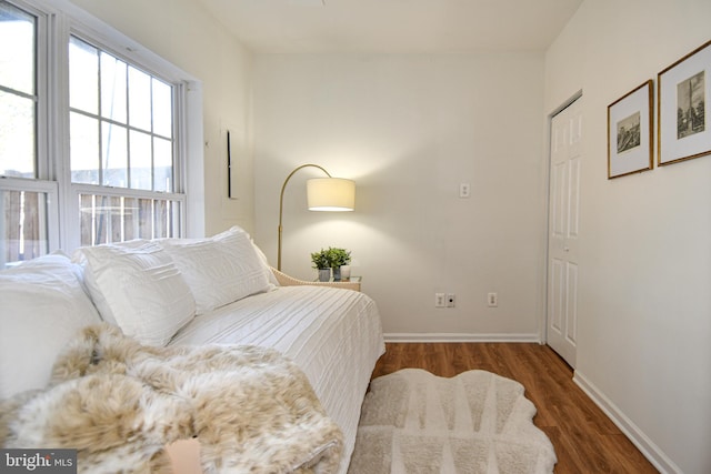 bedroom with dark hardwood / wood-style flooring