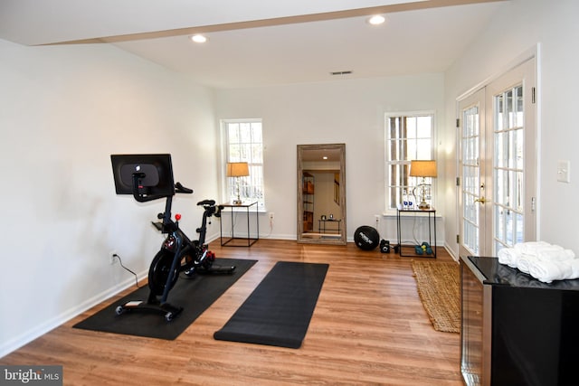 exercise room featuring french doors, wood-type flooring, and plenty of natural light