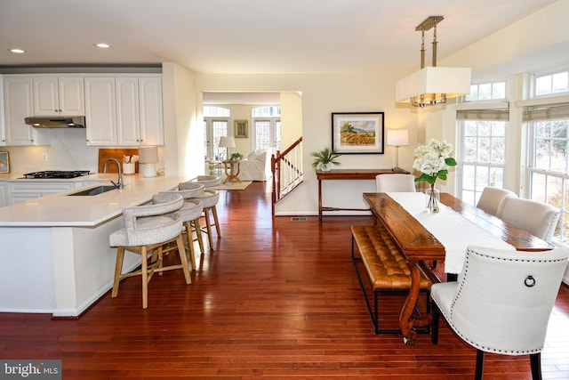 dining area with dark hardwood / wood-style flooring, sink, and a wealth of natural light