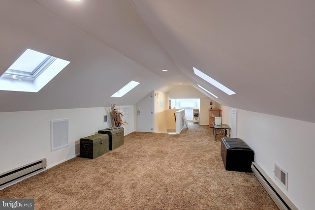 bonus room featuring light carpet, a baseboard radiator, and vaulted ceiling