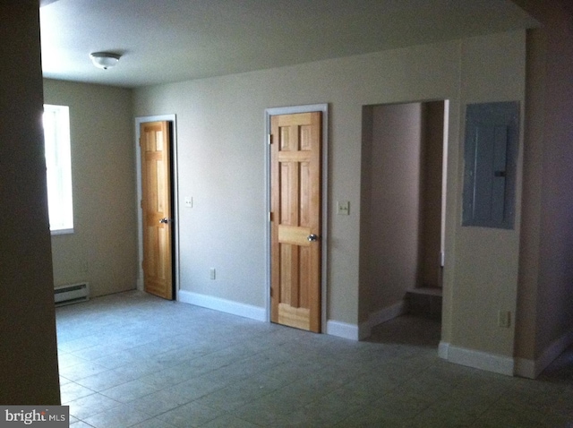 unfurnished bedroom with a baseboard radiator and electric panel