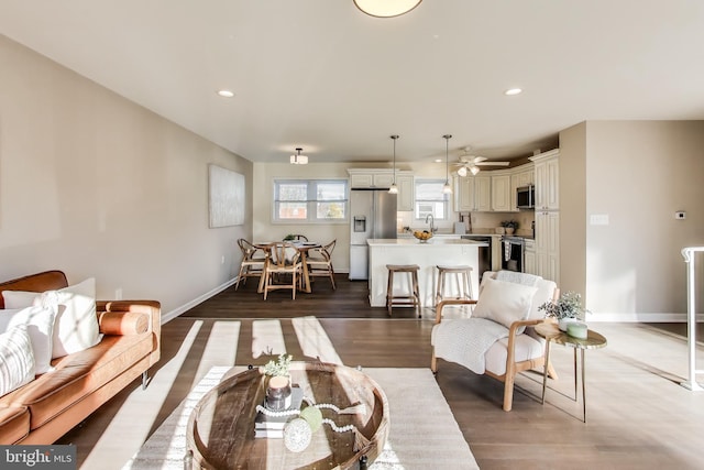 living room featuring sink and hardwood / wood-style flooring