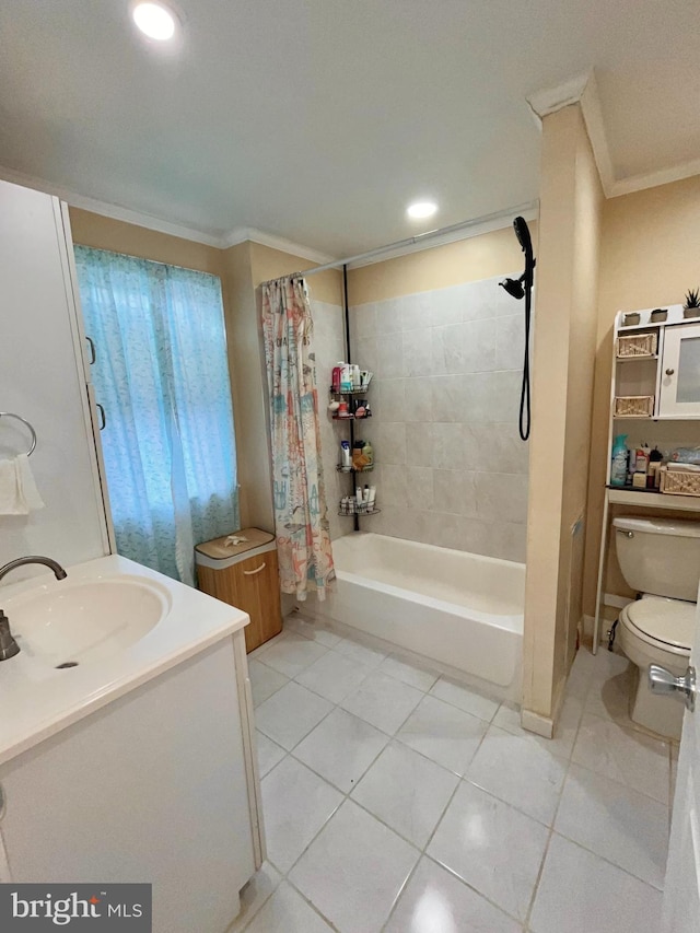 full bathroom with toilet, ornamental molding, vanity, shower / bath combo with shower curtain, and tile patterned flooring