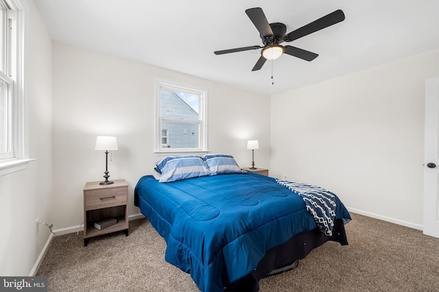 bedroom featuring ceiling fan and carpet flooring