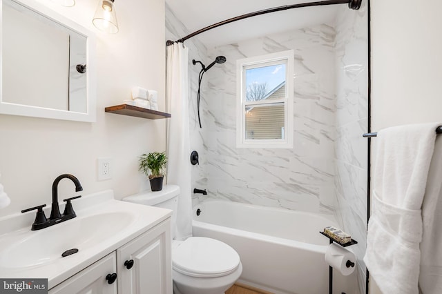 full bathroom featuring vanity, shower / bathtub combination with curtain, and toilet