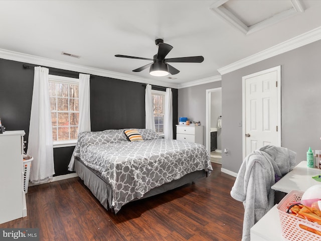 bedroom with crown molding, ceiling fan, and dark hardwood / wood-style floors