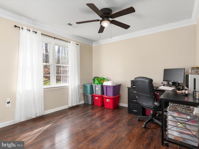 office space featuring dark hardwood / wood-style flooring, crown molding, and ceiling fan