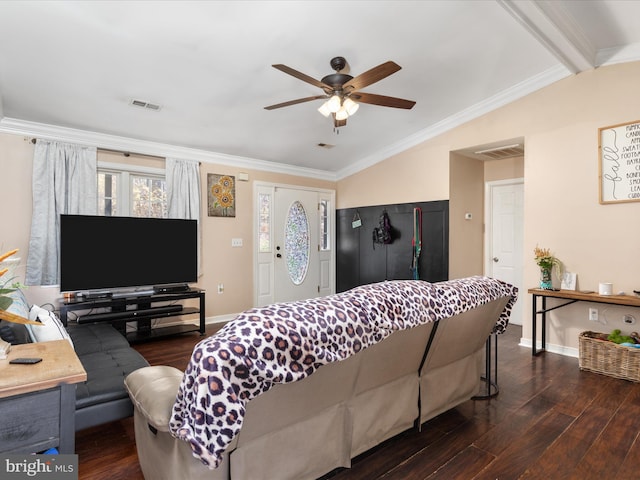 living room featuring crown molding, plenty of natural light, dark hardwood / wood-style flooring, and vaulted ceiling with beams