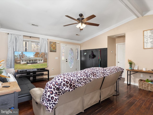 living room featuring crown molding, ceiling fan, dark hardwood / wood-style flooring, and lofted ceiling with beams