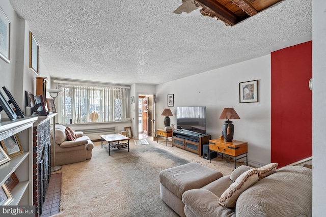 carpeted living room with a textured ceiling