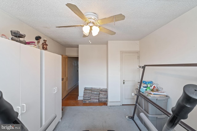 carpeted office space featuring ceiling fan and a textured ceiling