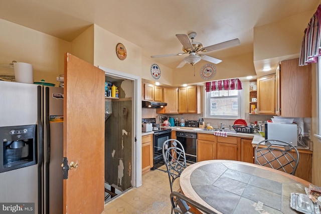 kitchen with ceiling fan, sink, decorative backsplash, and black appliances