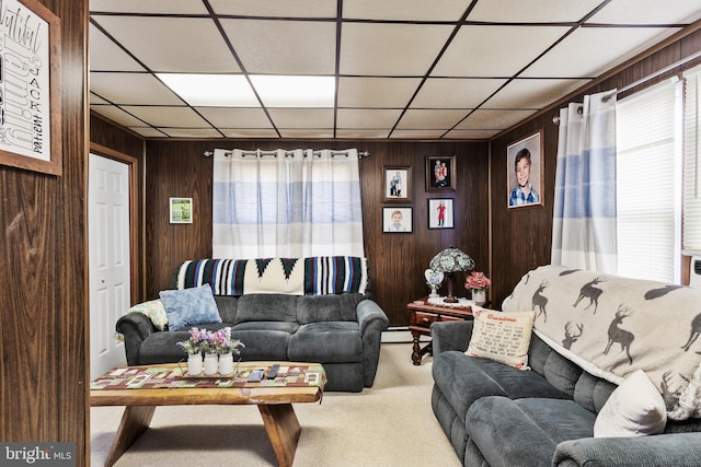 carpeted living room with a baseboard radiator, plenty of natural light, a drop ceiling, and wooden walls