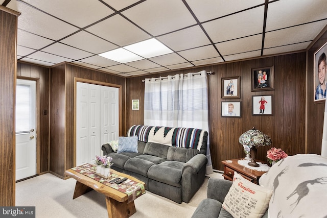 carpeted living room featuring wood walls