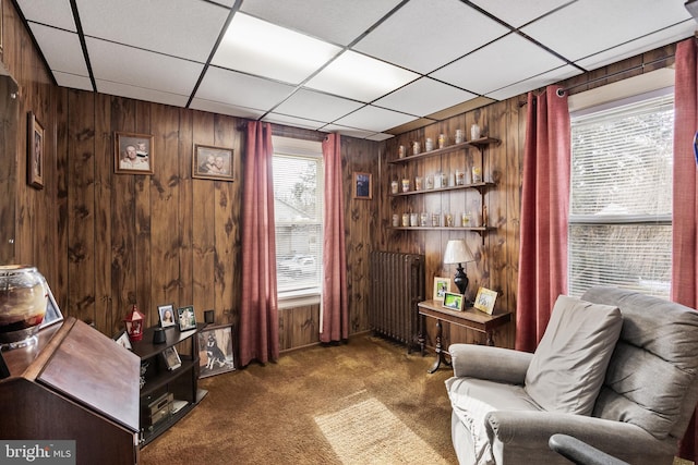 living area with radiator, wooden walls, and dark colored carpet