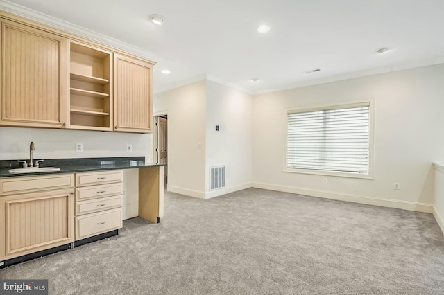 kitchen with ornamental molding, sink, light carpet, and light brown cabinetry