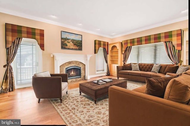 living room featuring crown molding, a fireplace, and light wood-type flooring