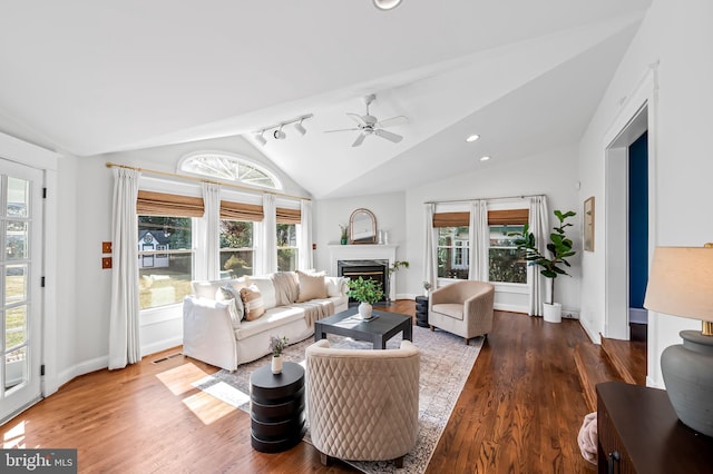 living room with lofted ceiling, plenty of natural light, a premium fireplace, and wood finished floors