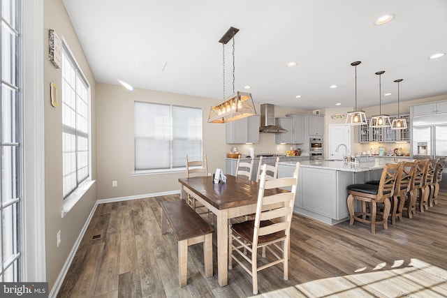 dining space with sink and dark hardwood / wood-style flooring