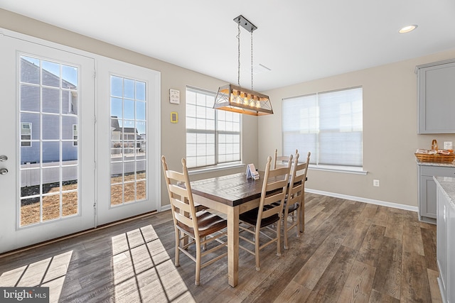 dining space with dark hardwood / wood-style floors