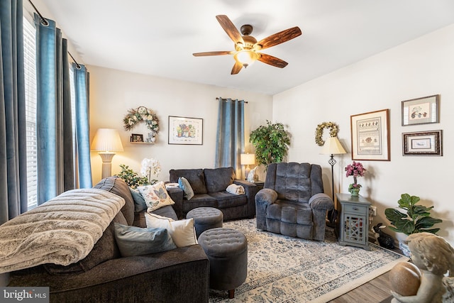 living room featuring ceiling fan, wood-type flooring, and a wealth of natural light